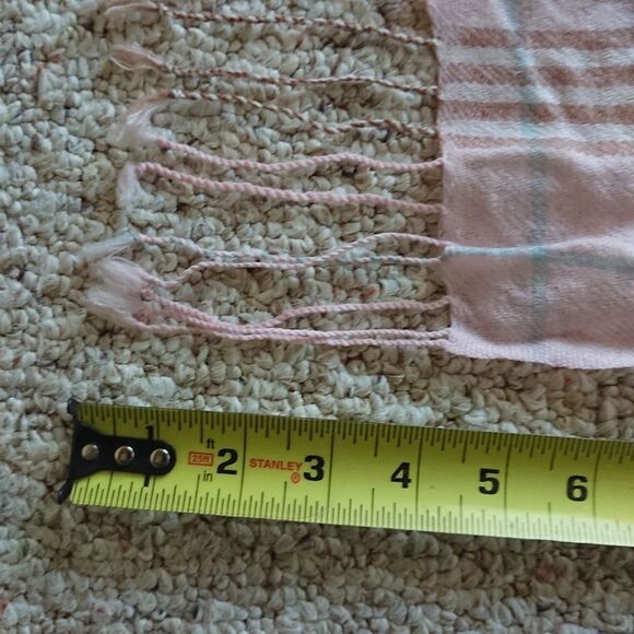 Plaid Pink Tan Fringe Scarf 100% Pashmina - Picture 6 of 11